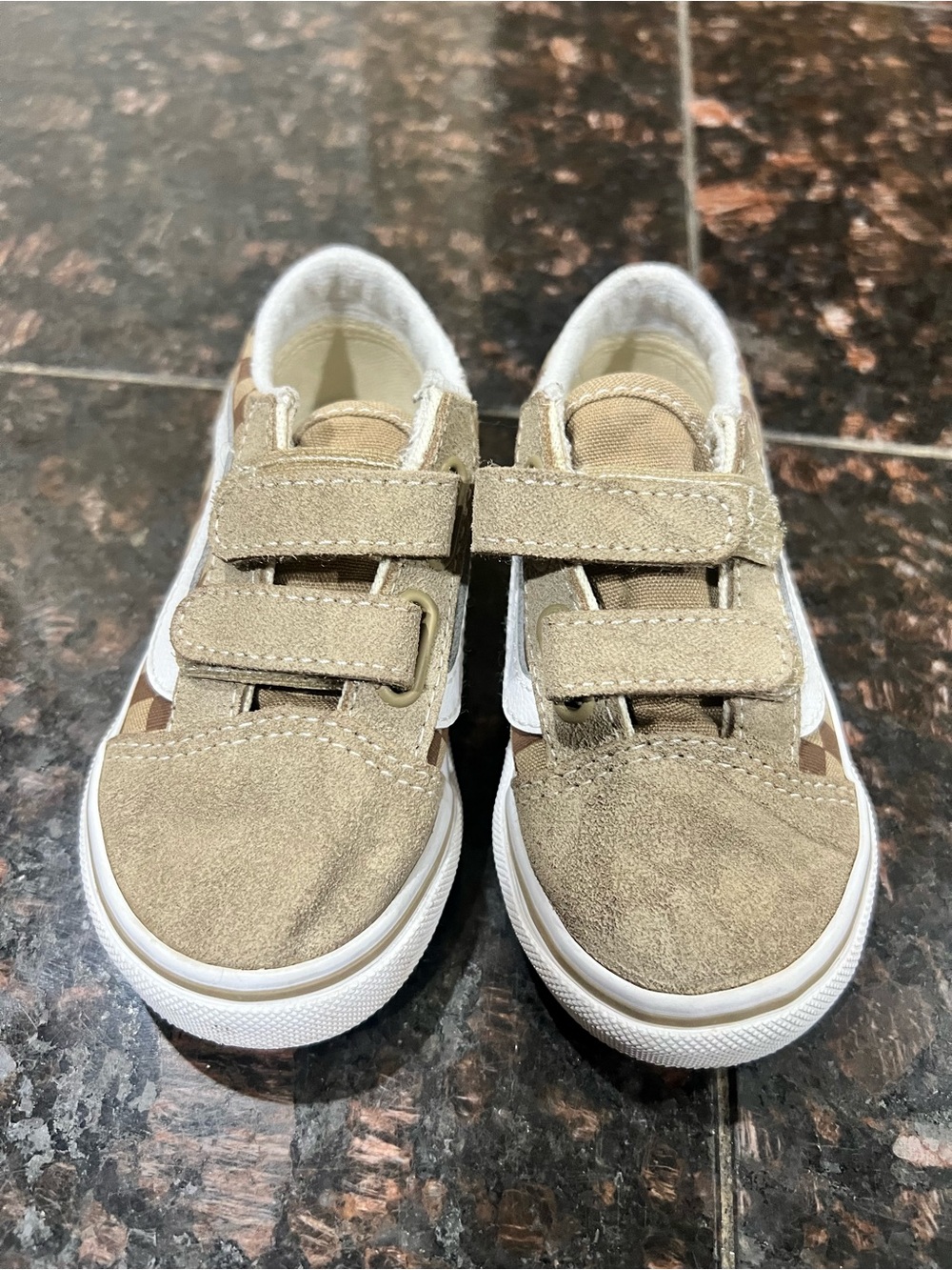 Vans Kids Tan Suede Velcro Sneakers with White Stripe